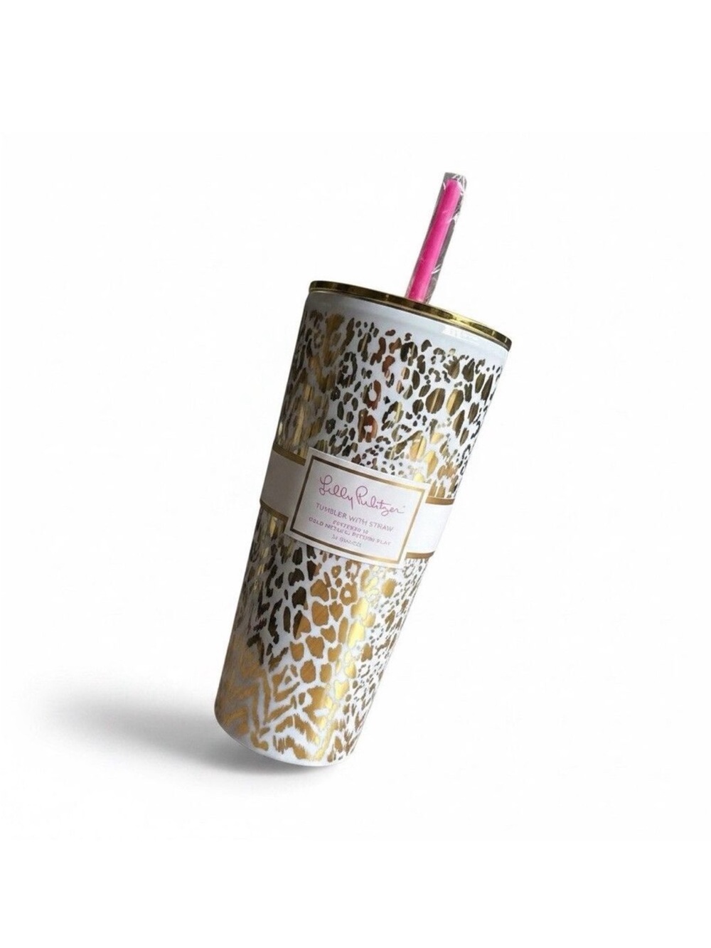 Lilly Pulitzer Gold Leopard 24 oz Tumbler with Pink Straw